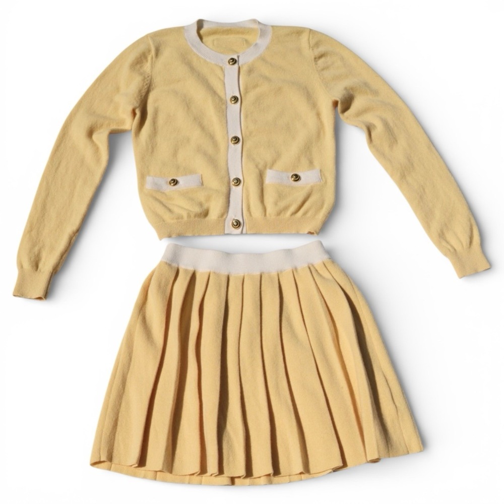 Miu Miu Cashmere Knit 2 Piece Set Cardigan Pleated Mini Skirt Yellow Italy S